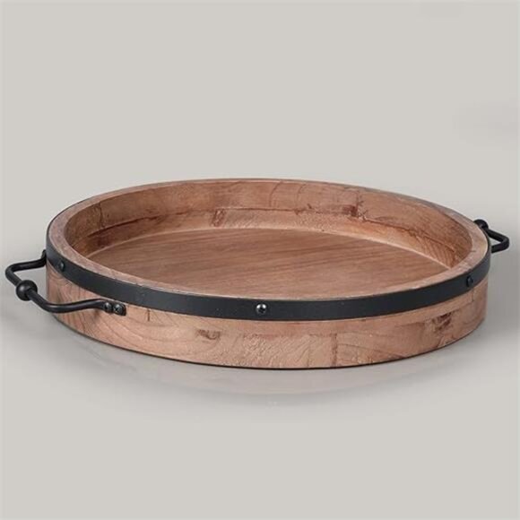 Round Coffee Table Tray - 13'' Farmhouse Wood Serving Tray with Metal Handles - Picture 7 of 7